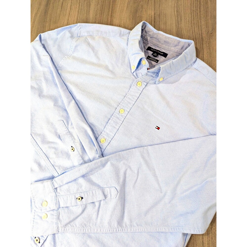 Tommy Hilfiger Mens Solid Blue Cotton Easy Care Button Down Shirt Custom Fit XL